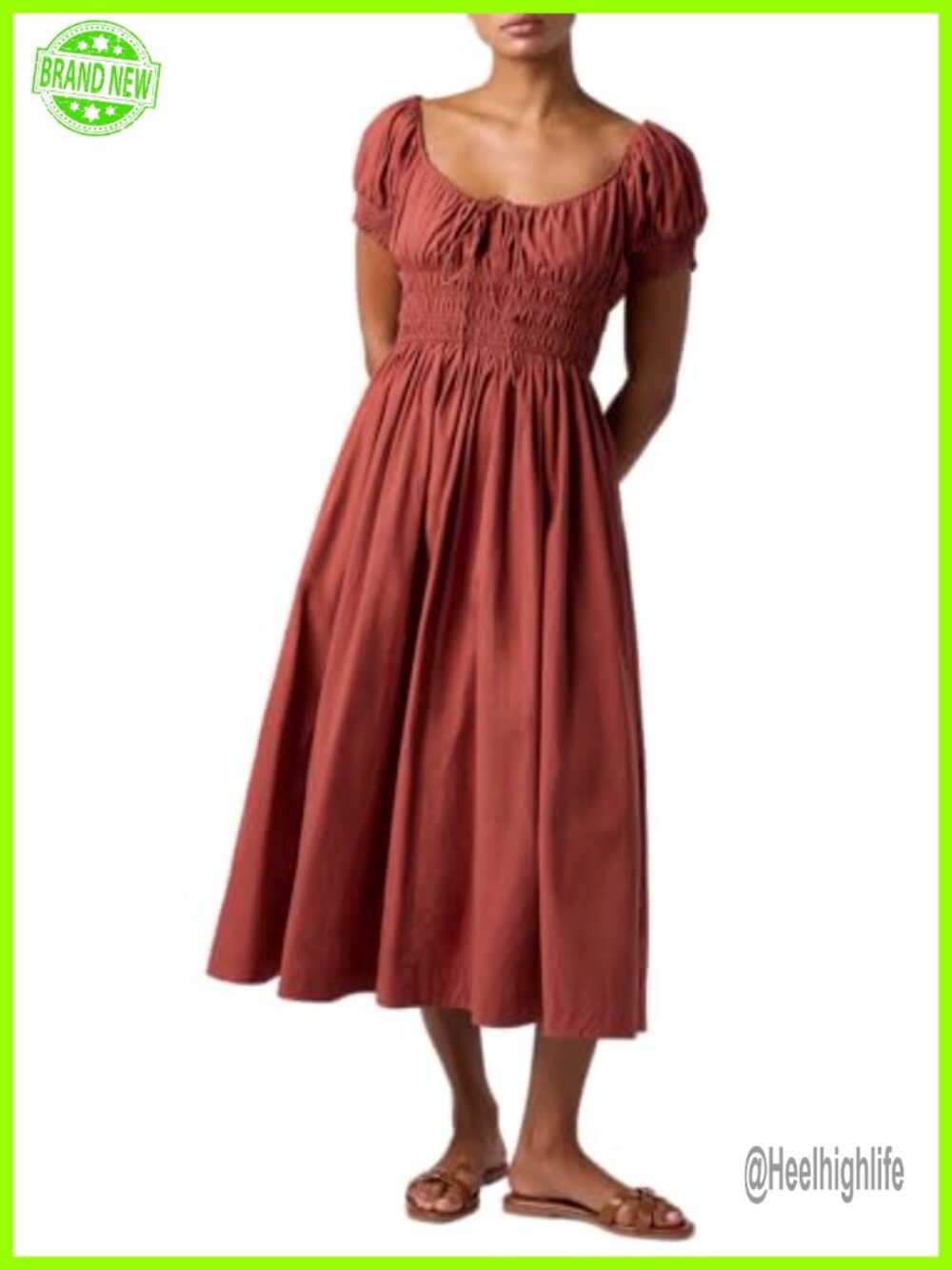 Puff Sleeve Scoop Neck Midi Dress Smocked Waist Fit & Flare